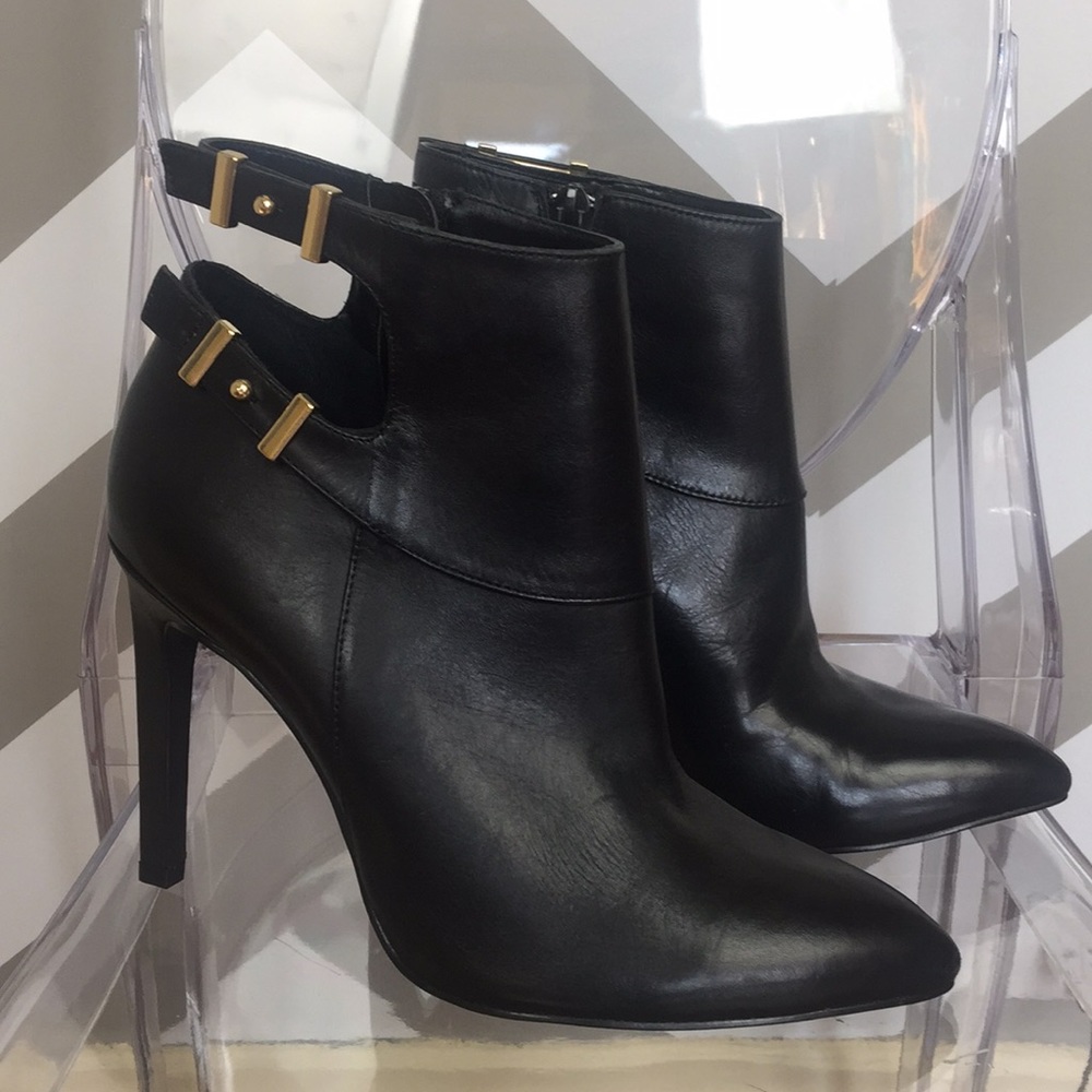 GUESS Black Leather Gold Metal Booties 9 New!
